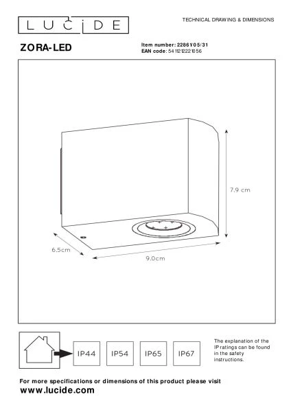 Lucide ZORA-LED - Spot mural / Applique mural Intérieur/Extérieur - LED Dim. - GU10 - 1x5W 3000K - IP44 - Blanc - technique